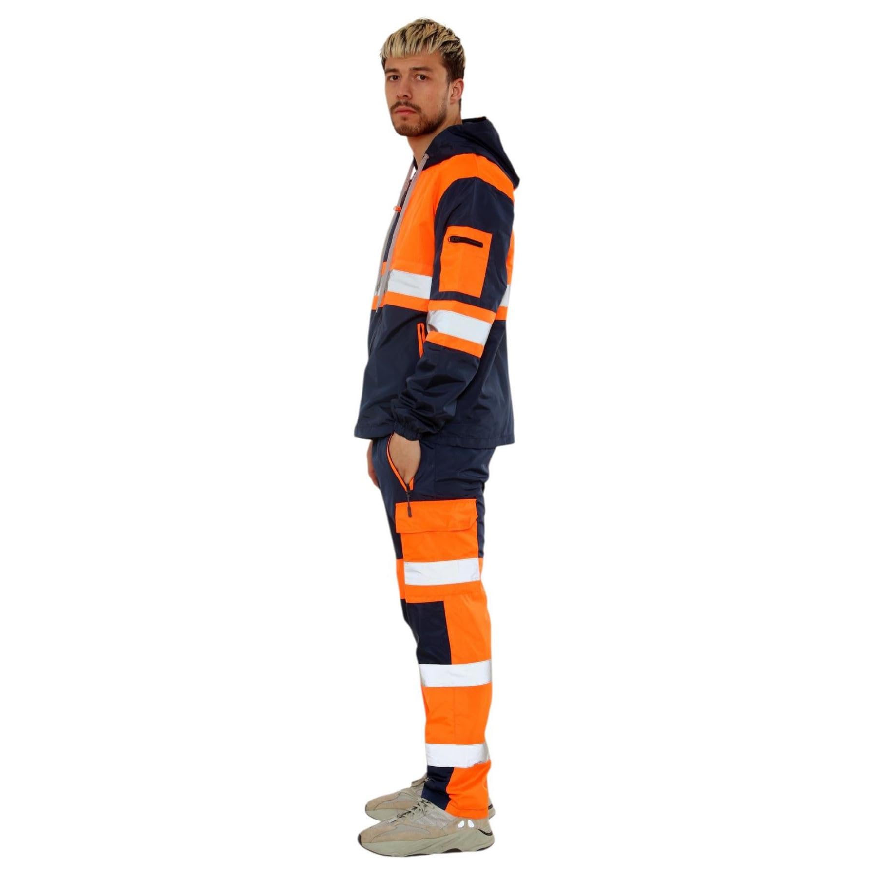 janisramone Tuta da uomo con nastro riflettente ad alta visibilità, felpa con cappuccio a maniche lunghe con zip e pantaloni elastici in vita, per pioggia, sicurezza edilizia, abbigliamento da lavoro