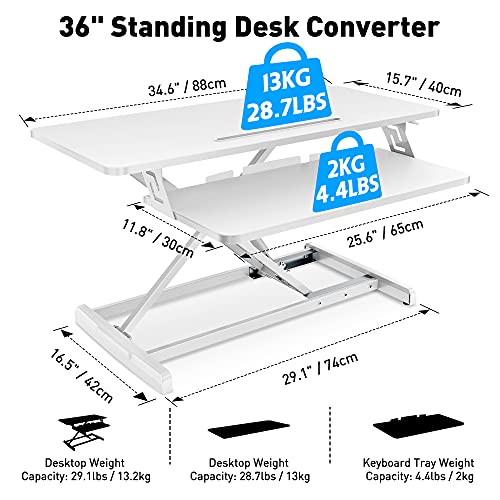 Abovetek Standing Desk Converter, 36" Stand Up Desk Riser With Gel Wrist Rest, Tabletop Sit Stand Desk Fits Dual Monitors, Two Tiered Adjustable Height Desk With Removal Keyboard Tray, White #TOP2
