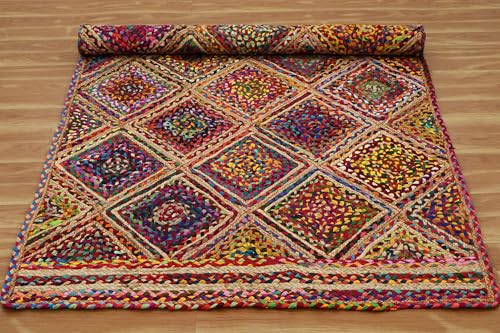 Alfombra de yute rectangular geométrica multicolor de algodón trenzado a mano 6