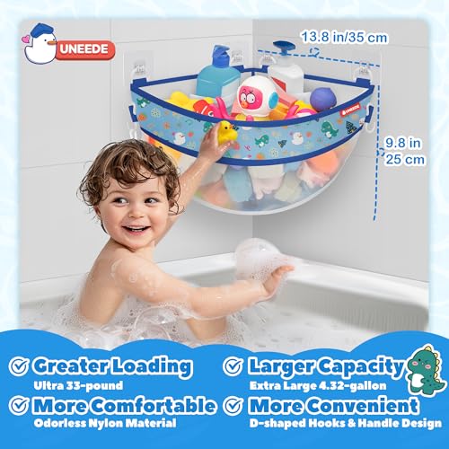 UNEEDE Badewannenspielzeug-Aufbewahrung für die Eckwand – Praktischer Badezimmer-Organizer mit 16,35L Fassungsvermögen, Dinosaurier-Druck– Ideal zur Aufbewahrung von Baby-Badespielzeug Platzsparend