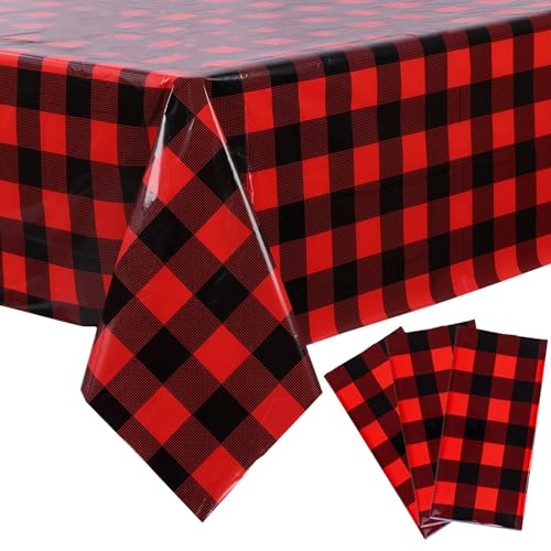 Image of Kesfey 3 Packs Buffalo Check Plaid Table Cloth 54 x 108 Inches Red and Black Gingham Christmas Party Tablecloth Winter Plastic Checkered Tablecover for Dinner Picnic