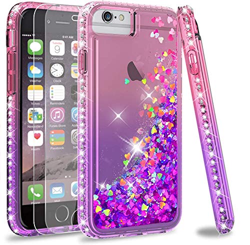 LeYi Compatible for iPhone SE 2020 Case, iPhone 8/7 / 6s / 6 Case with Tempered Glass Screen Protector [2 Pack] for Girls Women, Glitter Clear Phone Case for Apple iPhone 6/6s/7/8, Pink/Purple