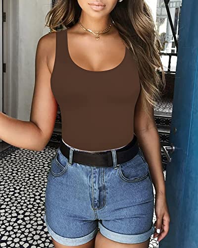 Image of MANGOPOP Women's Tank Top Bodysuits Scoop Neck Sleeveless Body Suit Sexy U-Back Backless Tops, Coffee Large