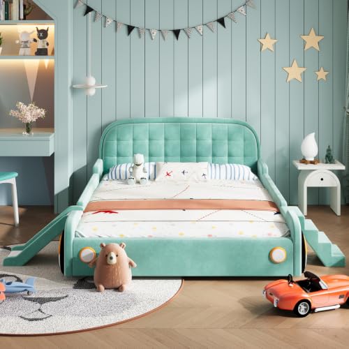 Cama individual de terciopelo con somier de láminas para niños 2