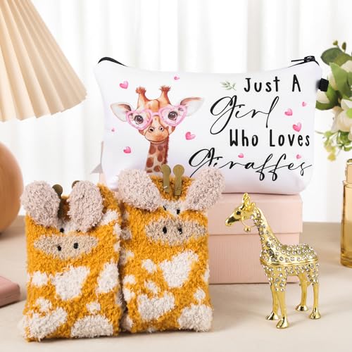 Image of Newtay 3 Pcs Animal Lover Gifts Set for Teacher Women Ring Holder Makeup Bag Fuzzy Socks with Grippers, Cute Gifts for Holiday Birthday(Giraffe)