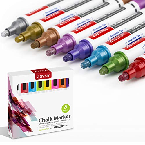 ZEYAR Liquid Chalk Marker-Wet Erase Marker, 6mm Reversible Tip-Bullet or Chisel, 8 Colors, Large Capacity, Writes on Nonporous Chalkboards, Bistro Boards, Windows and Plastic (8 Metallic Colors)