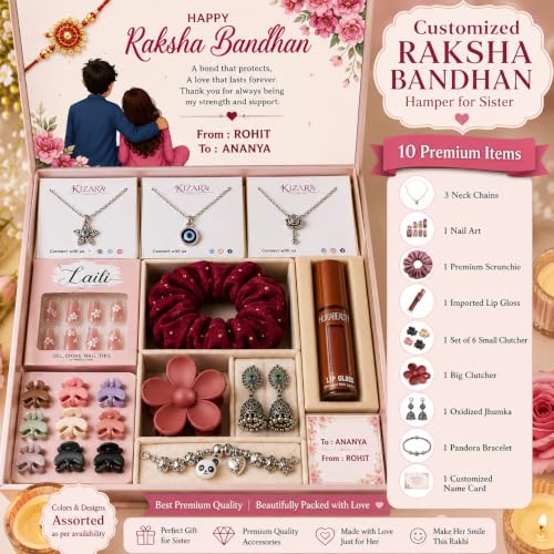 Image of Raksha Bandhan Gift Hamper for Sister with Name, 10 Items