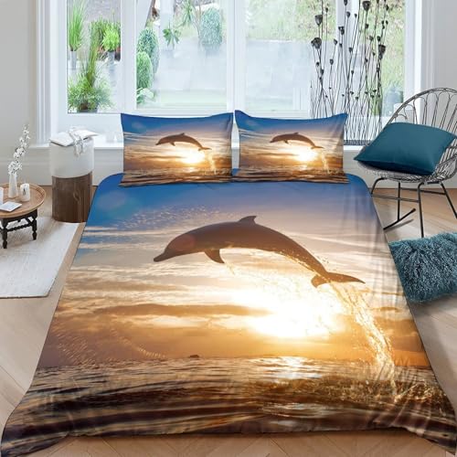 Housse de couette dauphin 3D lit simple parure de lit microfibre avec coucher de soleil - 4