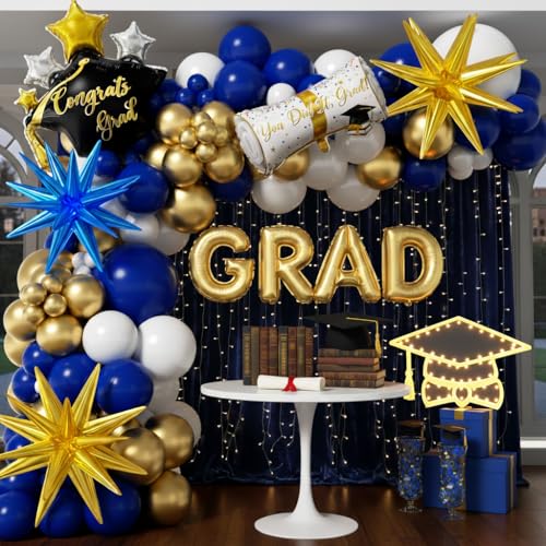 Image of Royal Blue and Gold Graduation Balloons Garland Arch Kit 153Pcs, Graduation Decorations 2026 with Grad Cap, Certificate & Star Foil Balloons for Class of 2026 College High School Prom Supplies