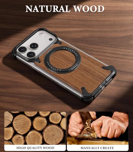 Coque iPhone 17 Pro en bois massif noir avec béquille rotative luxe