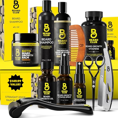 The Beard Club Titanium Beard Growth Kit - Derma Roller, Growth Oil, Vitamins, Vitamin Spray, Biotin Balm, Thickening Conditioner, Shampoo, Straight Razor, Scissors, Comb, Cleansing Spray - Gift Set