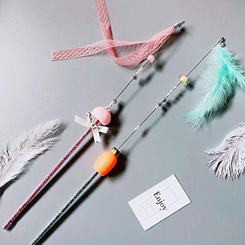 Cat Teaser Wands 2 Packs Retractable Cat Toy Wands with Feather and Ribbon for Cat Kitten Having Fun Exerciser Playing
