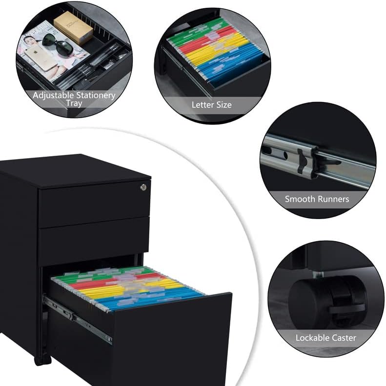 Miniatura 5 de Archivador móvil de 3 cajones con cerradura, archivador de almacenamiento de oficina para tamaño legalcarta, archivador de metal premontado excepto