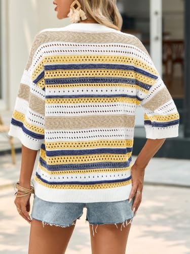 Image of Saodimallsu Womens Short Sleeve Sweaters V Neck Crochet Knit Striped Hollow Out Tops Beach Cruise Outfits