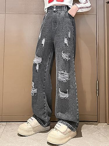 Hularka Kids Girls Ripped Jeans High Waist Bell Bottom Denim Pants Casual Straight Leg Distressed Trousers Bottoms4
