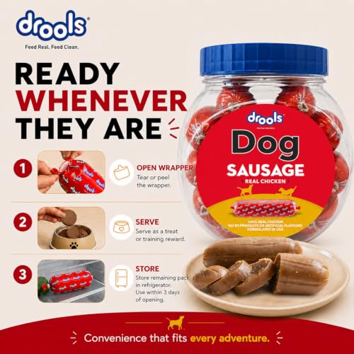 Image of Drools All Life Stages Dog Treats Sausage 10 Pieces Jar (550g) | Real Chicken Flavour | Supports Brain & Eye Development | Promotes Muscle Growth | Makes Tablet Administration Easier