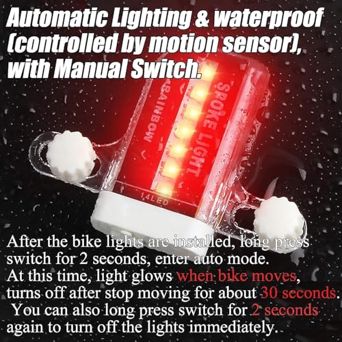 Image of Bicycle Spoke Lights, Waterproof LED Bike Wheel Lights with 30 RGB Patterns, Motion Sensor Tire Lights for Kids & Adults, Safety Cycling Wheel Light for MTB, Road Bike & Night Riding (1)
