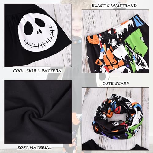 Image of HINTINA 3PCS Baby Girls Halloween Outfits Skull Tops Ghost Leggings Pants with Csarf Hat Clothes set