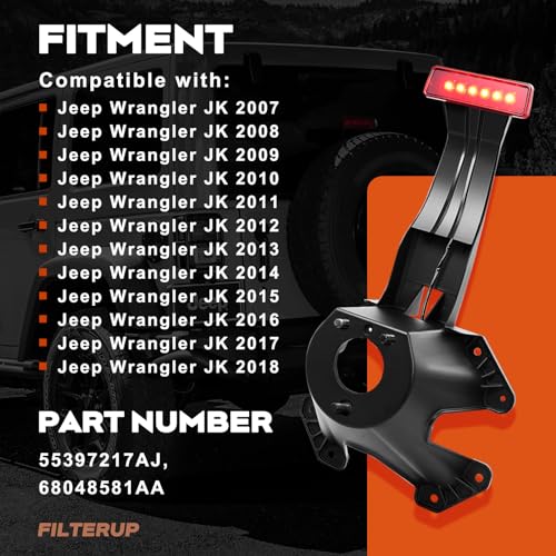 FILTERUP Spare Tire Holder Bracket with 3rd High Mount Brake Light & Wiring Harness, Screws Compatible with Jeep Wrangler JK 2007-2018 Tire Carrier Rack Replace# 55397217AJ, 68048581AA (Red Lens)