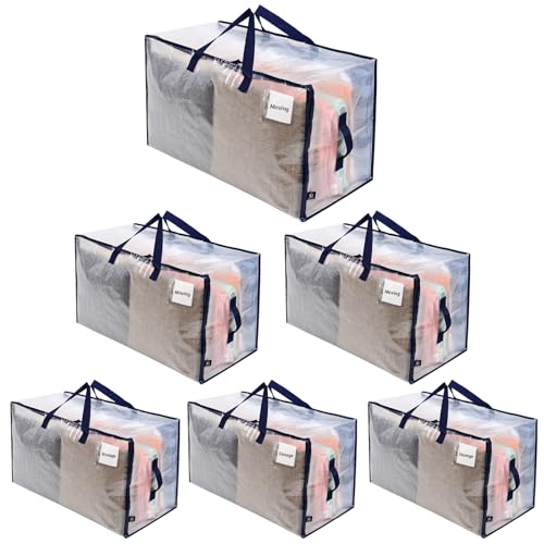 VENO 6 Pack Clear Extra Large Moving Bags & Storage Totes, Heavy Duty Organizer with Reinforced Handles & Strong Zippers for Clothes, College Dorm Essentials, Moving Supplies