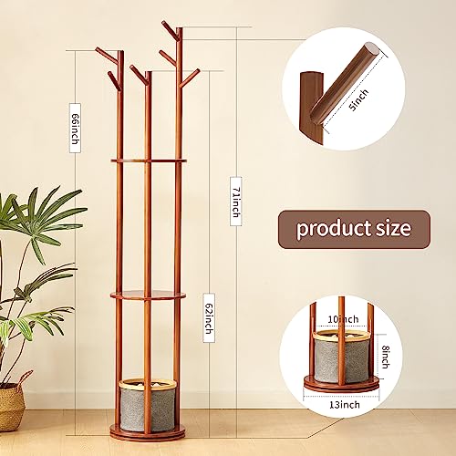 SOMEET Rotary Coat Rack, Wooden Coat Rack Freestanding with 3 Storage Shelves and 6 Hooks, Coat Tree with 2 Tiers Display Shelf and A Basket for Home Entryway Bedroom Hanging Coats Jackets Hats,Walnut