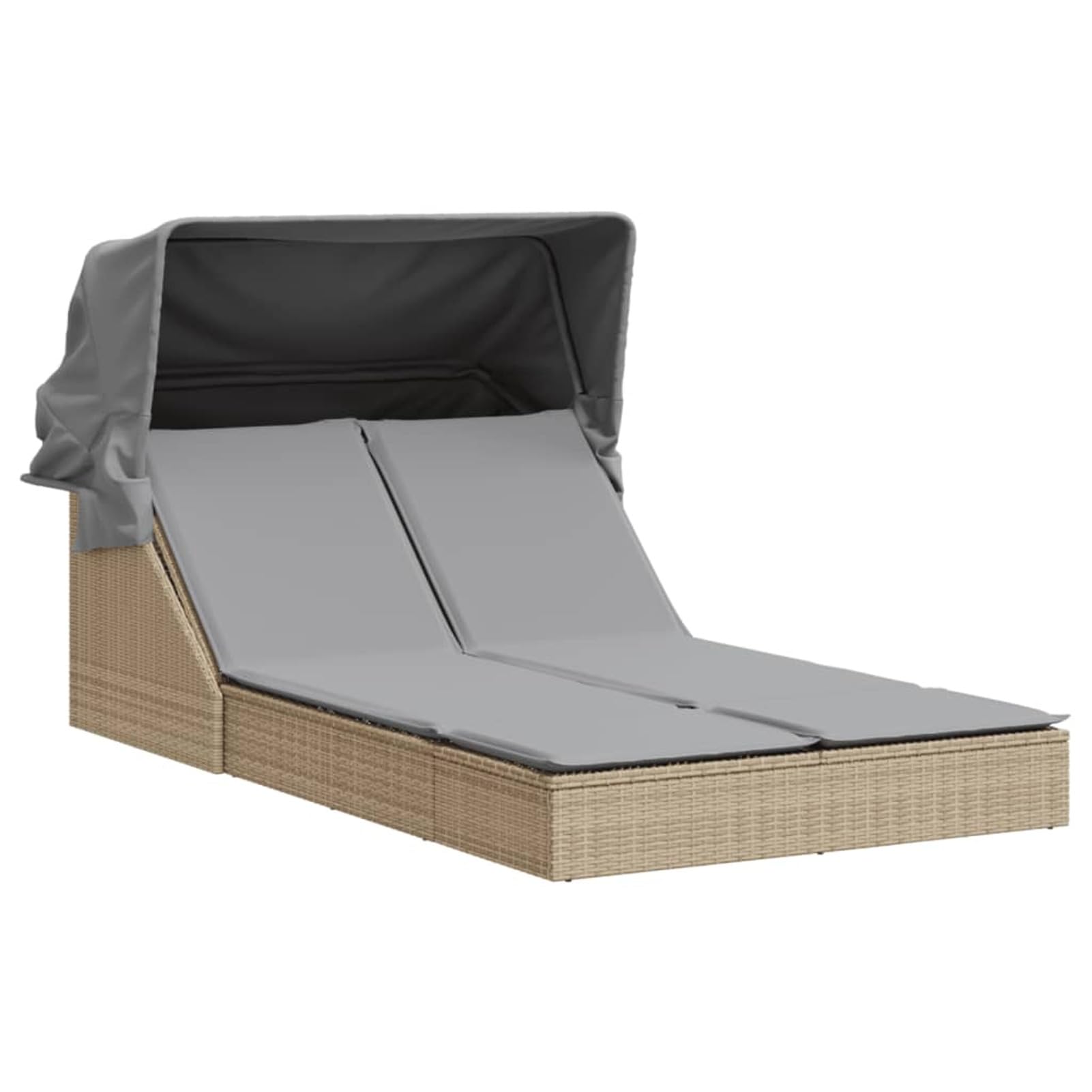 Lettino Doppio con Baldacchino e Cuscini Beige in Polyrattan,Lettino da Giardino,Lettino da Spiaggia,Lettino Prendisole da Giardino-368640
