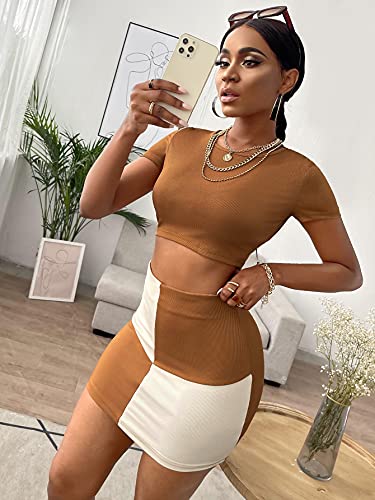 Soly Hux Women's 2 Piece Outfits Color Block Short Sleeve Crop Top And Bodycon Mini Skirt Set Brown Colorblock S #TOP4
