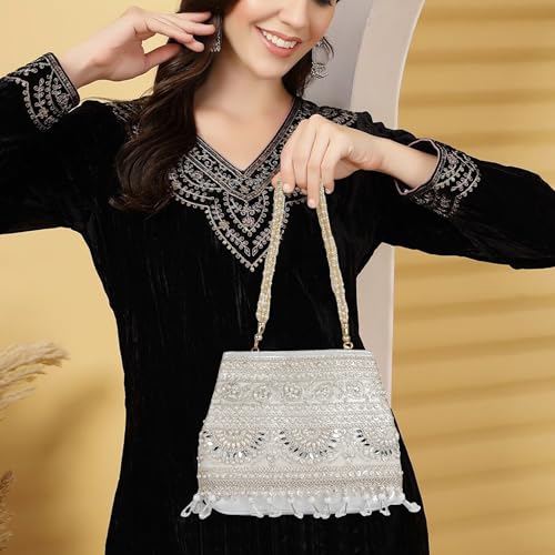 Image of Nevis Stylish Embroidery Unique Design Traditional Wedding Party Handheld Potli Bag For Women (SILVER)