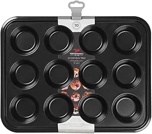 Tala Performance 12 Cup Bun Tin, Carbon Steel with Non-Stick Coating, Oven, Fridge &amp; Freezer Safe, Ideal for Cupcakes, Muffins &amp; Yorkshire Puddings, 35.2x26.8x3.1cm