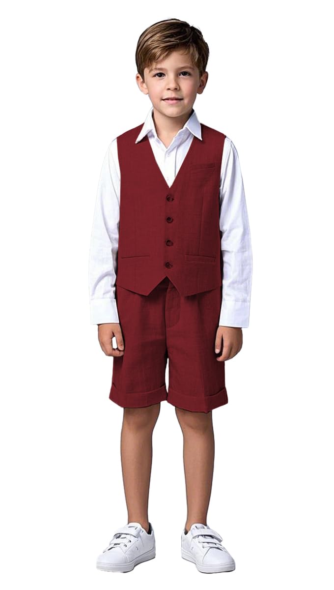 Traje de lino de 2 piezas para niños, chaleco y pantalones cortos, verano, playa, boda, esmoquin, traje formal para portador de anillos, granate, 12 años