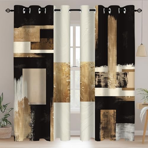Moyrisou Boho Black Gold Abstract Blackout Curtains Modern Oil Aesthetic Neutral Contemporary Beige Darkening Thermal Insulated Grommet Light Blocking Drape Decor 52 x 84 Inch Long 2 Panels