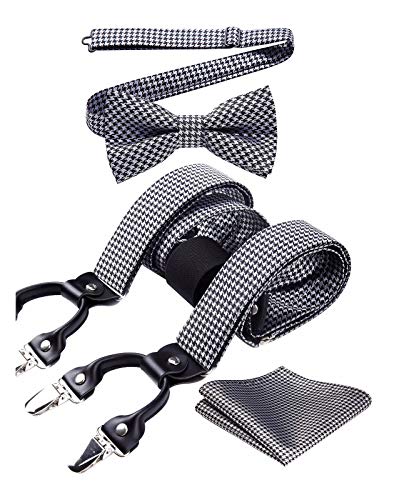 Image of HISDERN Suspenders for Men Paisley Floral Bow tie Suspender Pocket Square Sets Adjustable Y Shape 6 Clips Wedding Braces