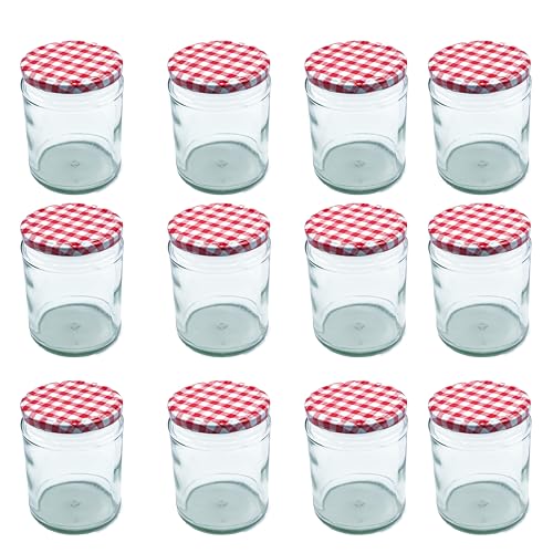 Statoys 500ml Clear Glass Jam Jars with Twist-Off Locking Lids - Versatile Airtight Food Containers for Preserving Jams, Pickles, and More, Red Gingham Colour Lid (12 Pack)