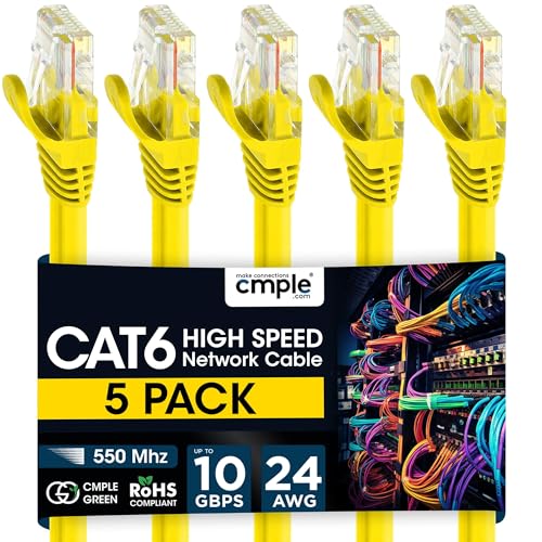 Cmple 5 Pack Cat6 Ethernet Cable 15 ft, High Speed Cat6 Internet Network Cord, Ethernet Patch Cables, Computer LAN Wire with Snagless RJ45 Connectors - Yellow