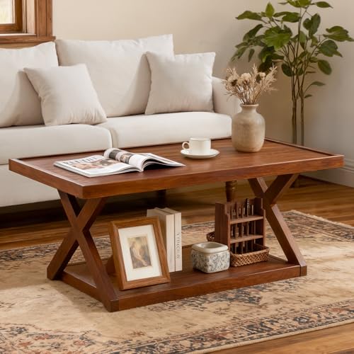 BECHAEO Solid Oak Coffee Table for Living Room, 2-Tier Wooden Coffee Table with Storage Shelf, Modern X-Shaped Base Center Table, Heavy Duty 400 lbs