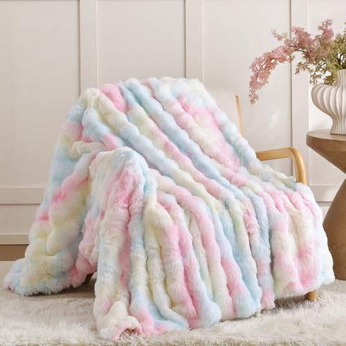 Smoofy Faux Fur Throw Blanket for Couch – Rainbow Fluffy Cozy Rabbit Fleece, Plush Soft Bubble Blanket for Sofa & Bed, for Mom, Warm Fuzzy Home Room Decor Throw 50