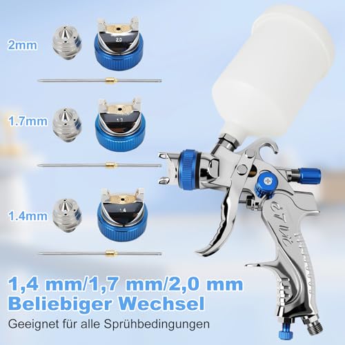 Lackierpistole Spritzpistole Kit mit 3 Düsen (1,4 mm/1,7 mm/2,0 mm), Manometer, Farbbecher und Zubehör für präzises Lackieren, Luftspritzpistolen, Farbsprühsystem für Zäune Decken Wandmalerei
