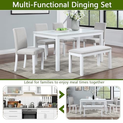 Image of KEIKI 6-Piece Standard Height Dining Table Set with Rectangular Table, 4 Upholstered Chair, Bench, for 6 Person, Modern Crystal Decoration Table Set, Easy Assembly, for Kitchen, Dining Room, White