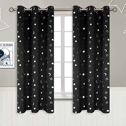 Image of BGment Nursery Curtains for Boys Bedroom 63 Inch Long, Star and Moon Blackout Curtains for Kids Room, Girls Thermal Insulated Room Darkening Window Curtains Drapes with Grommet, Black, 42 Wide