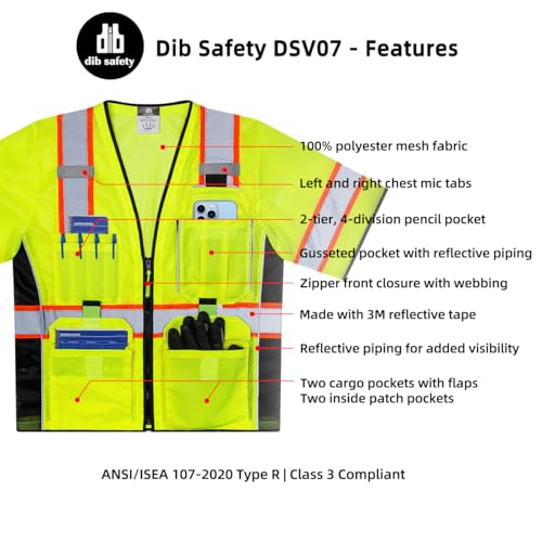 Dib Safety Reflective Mesh Vest ANSI Class 3, High Visibility with Pockets and Zipper, Made with 3M Reflective Tape, Yellow 2XL