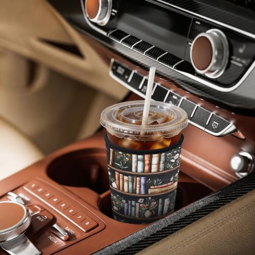 Image of Insulated Neoprene Cup Sleeve for Iced Coffee & Cold Soda - Reusable & Sweatproof, Keeps Drinks Cold Longer, Coffee Coolie for Hot & Iced Drinks (Bookshelf & Floral, Small: 16-18oz)