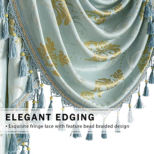 Jade Poke Jacquard Swag Waterfall Valance For Window - Tassels Valances For Living Room Aqua Valance With Beads For Bedroom Rod Pocket Damask Valance For Children's Room (1 Panel, Aqua, W89 Inch) #TOP5