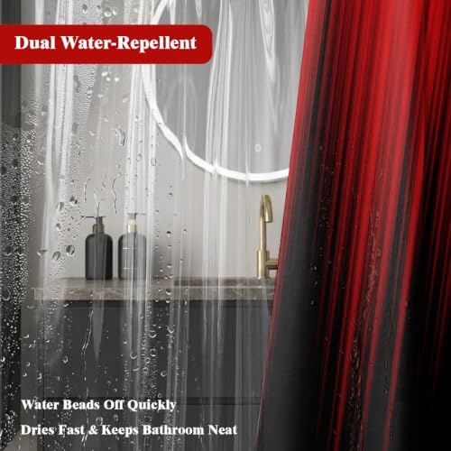 Image of AAtter 3 in 1 Red Black Gothic Shower Curtain Set, 72x72 Inch, 12 Hooks | Polyester Fabric with PEVA Liner, Burgundy Ombre Pattern, Modern Abstract Style, Standard Bathroom Decor for Men