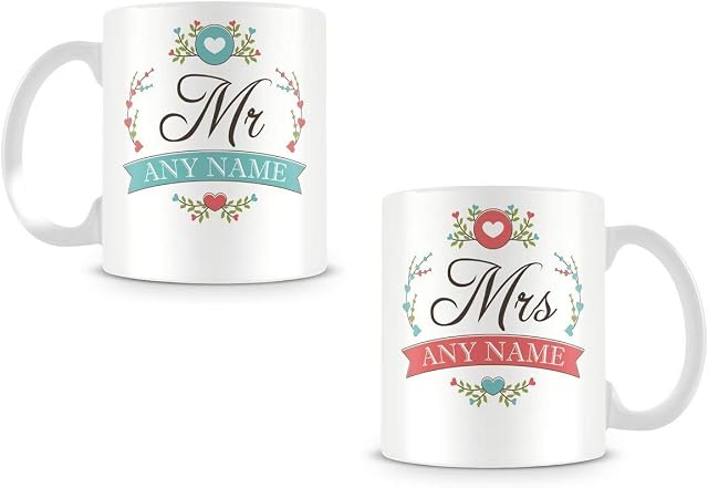 Mr and Mrs Mugs - Personalised with Surname - His and Hers Cups - Wedding/Engagement/Valentines Gift