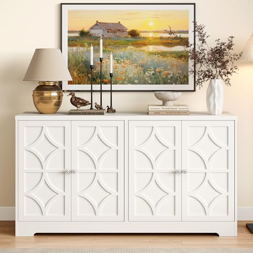 RoyalCraft Sideboard Buffet Cabinet, 56\" Modern Credenza with 4 Doors and Adjustable Shelves, Large Wood Console Media for Kitchen, Satin White - Thumbnail 5
