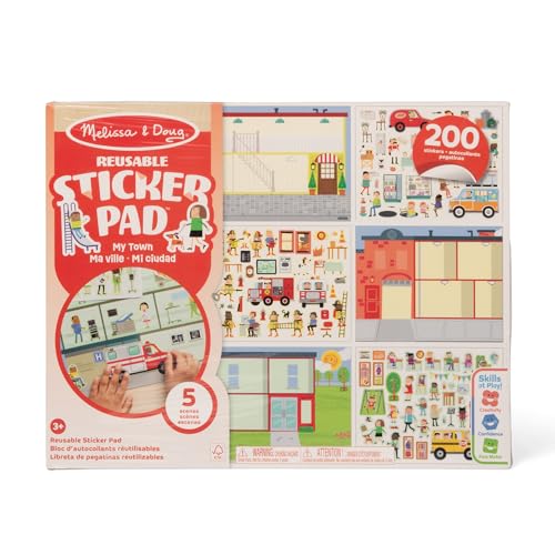 Melissa & Doug Libro Adesivi Attacca e Stacca - Album Stickers Riutilizzabili Città, Negozio, Ristorante, Caserma, Giochi Creativi da Viaggio, Regalo per Bambini e Bambine, 3+ Anni - Certificati FSC