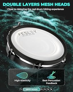 Fesley Electric Drum Set, Electronic Drum Set with 4 Quiet Mesh Drum Pads, Independent HiHat and Kick Drum Full Size Adult Drum Set, 3 Cymbals with Choke, 225 Sounds, USB MIDI, Drum Throne, and Sticks