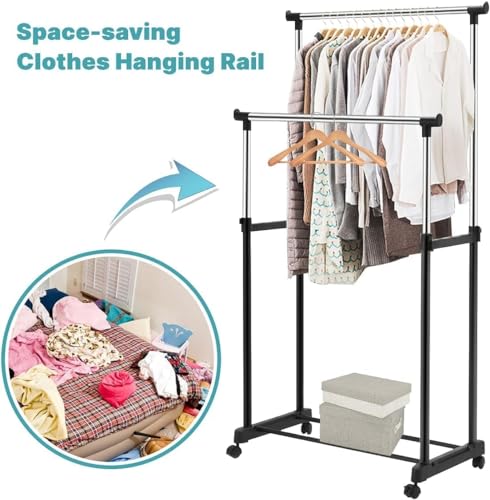 Image of Double Pole Telescopic Clothes &Shoe Rack Folding With 4 Wheels Stand Hanger Garment Drying Rack Multipurpose Portable Storage Laundry Fordable Single And Stand For Indoor Outdoor