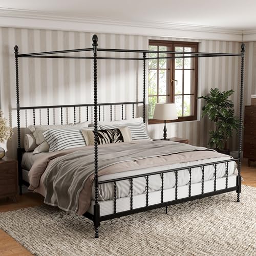 Furniture of America Vaeli Modern Metal King Size Four Poster Bed Frame with Spindles Canopy Bedframe for Bedroom Guest Room Box Spring Required Black