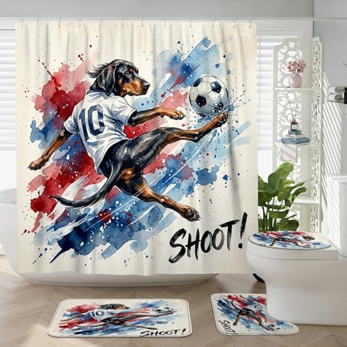 Rideau de douche football et tapis coonhound pour salle de bain 183cm